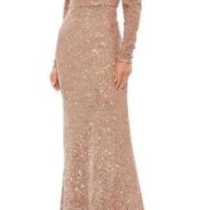 New MAC DUGGAL IEENA SEQUINED HIGH NECK PUFF LONG SLEEVE COLUMN GOWN SIZE 12
